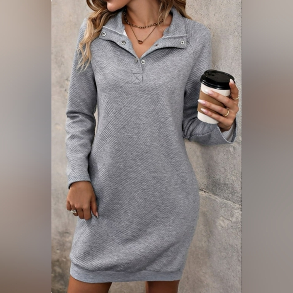 Gray Long Sleeve Snap Front Textured Pullover Mini Dress w/ Pockets- Size S NWOT